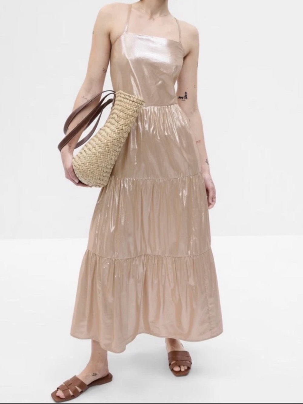 GAP Neutral Beige Shimmer Halter Maxi Dress
